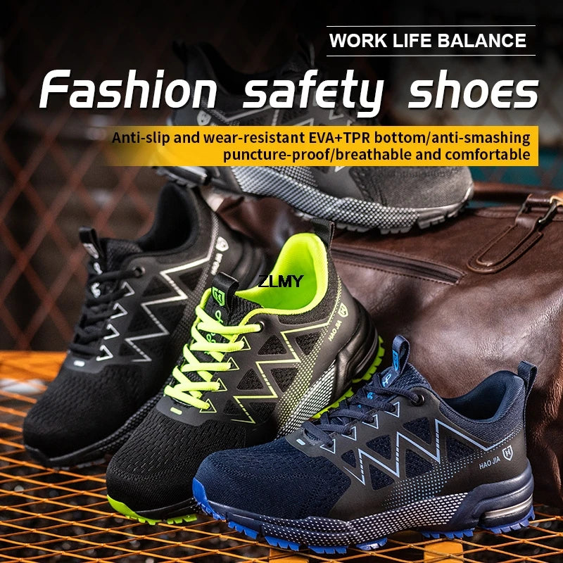 Work shoes for men. Safety, steel toe, breathable work boots with puncture protection.